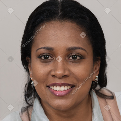 Joyful latino young-adult female with medium  brown hair and brown eyes