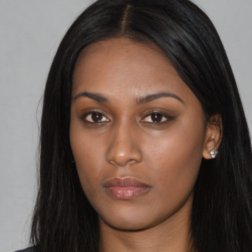 Neutral asian young-adult female with long  black hair and brown eyes