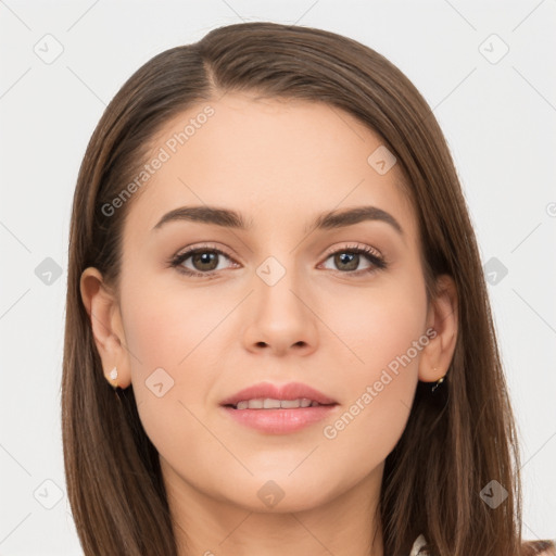 Neutral white young-adult female with long  brown hair and brown eyes