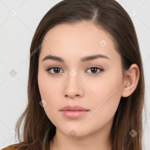 Neutral white young-adult female with long  brown hair and brown eyes