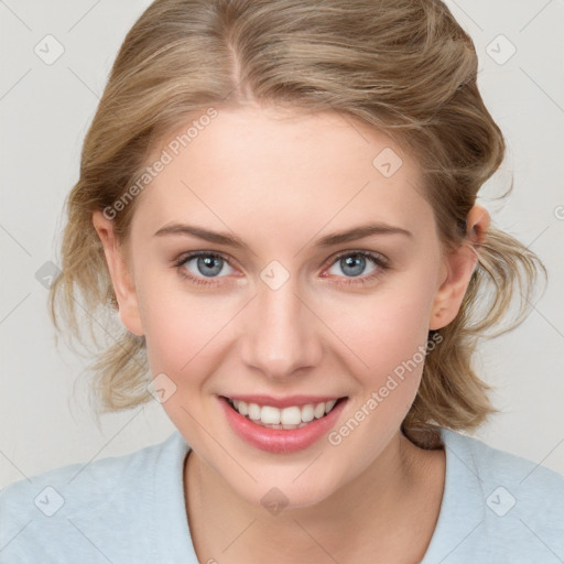 Joyful white young-adult female with medium  brown hair and blue eyes