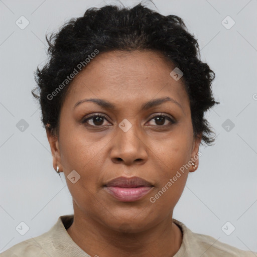 Joyful black adult female with short  brown hair and brown eyes