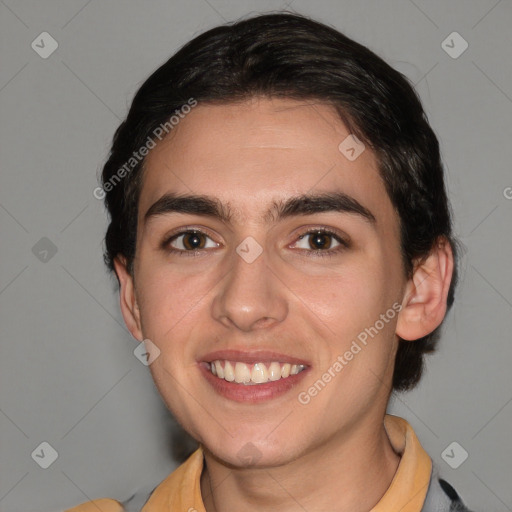 Joyful white young-adult male with medium  brown hair and brown eyes