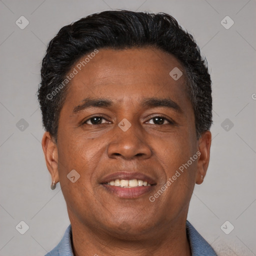 Joyful latino adult male with short  brown hair and brown eyes