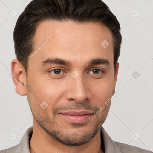 Joyful white young-adult male with short  brown hair and brown eyes