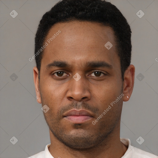 Neutral black young-adult male with short  black hair and brown eyes