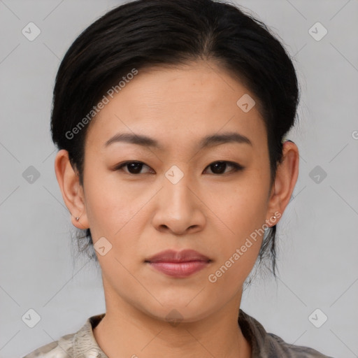 Joyful asian young-adult female with short  brown hair and brown eyes