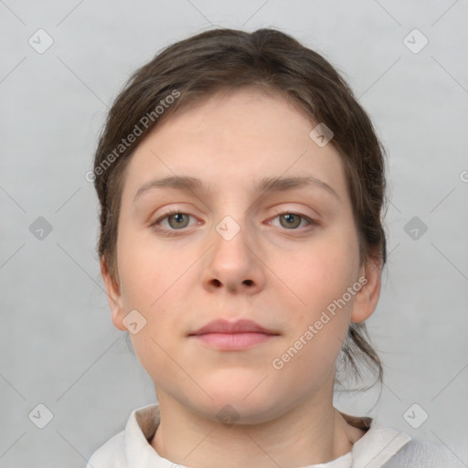 Neutral white young-adult female with short  brown hair and brown eyes