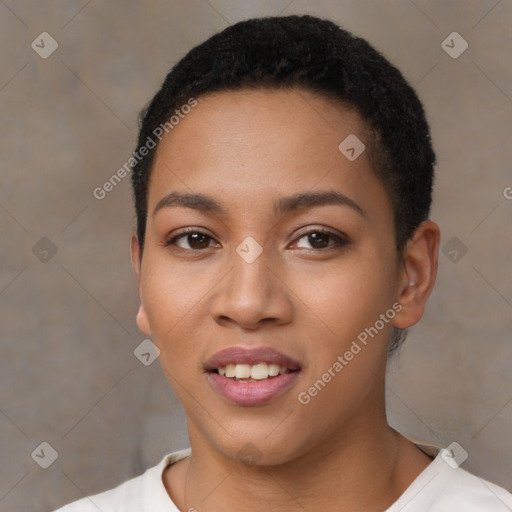 Joyful latino young-adult female with short  black hair and brown eyes