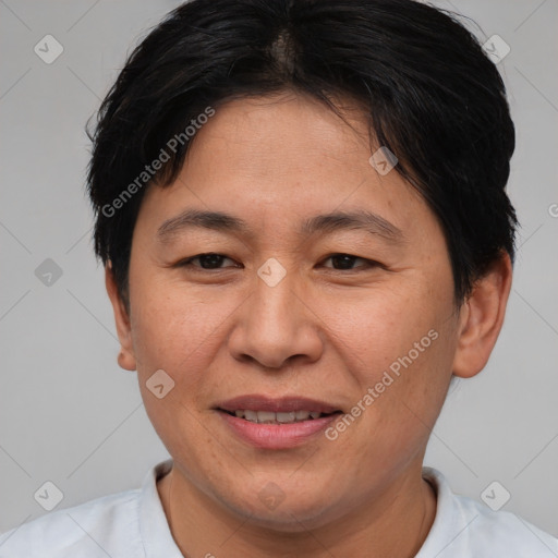 Joyful white adult female with short  brown hair and brown eyes