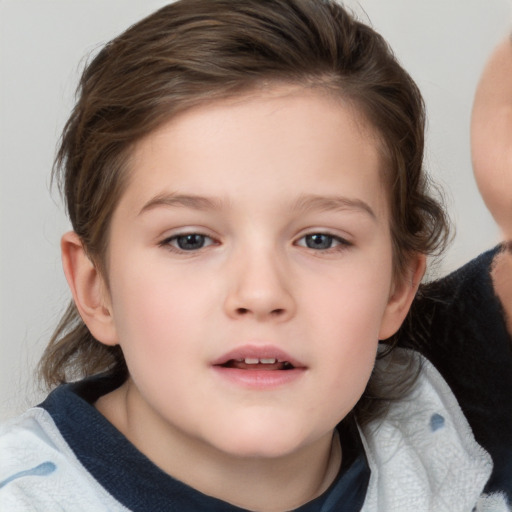 Neutral white child female with medium  brown hair and blue eyes