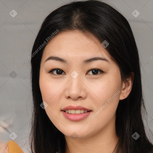 Joyful asian young-adult female with medium  black hair and brown eyes