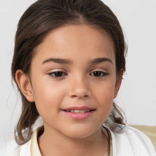 Joyful white child female with medium  brown hair and brown eyes