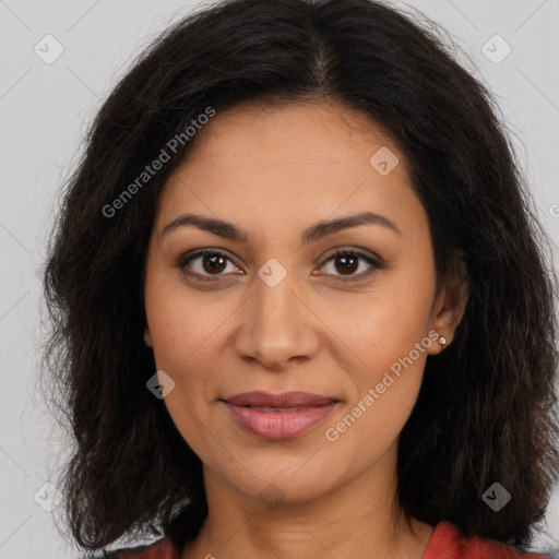 Joyful latino young-adult female with long  brown hair and brown eyes