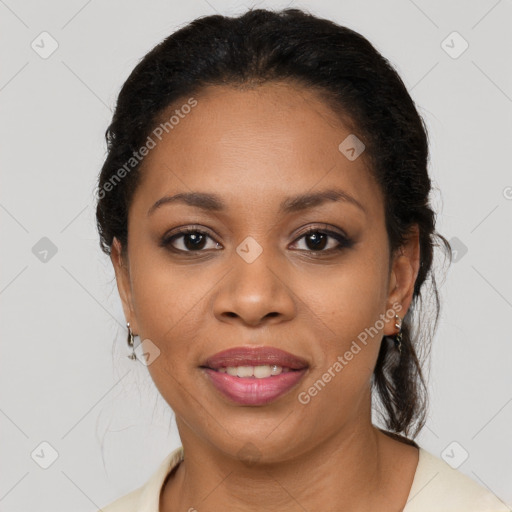 Joyful latino young-adult female with medium  brown hair and brown eyes