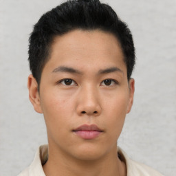 Neutral asian young-adult male with short  black hair and brown eyes