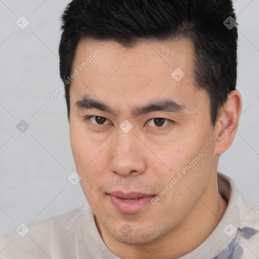 Neutral asian young-adult male with short  brown hair and brown eyes