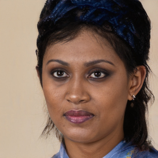 Joyful black young-adult female with medium  brown hair and brown eyes