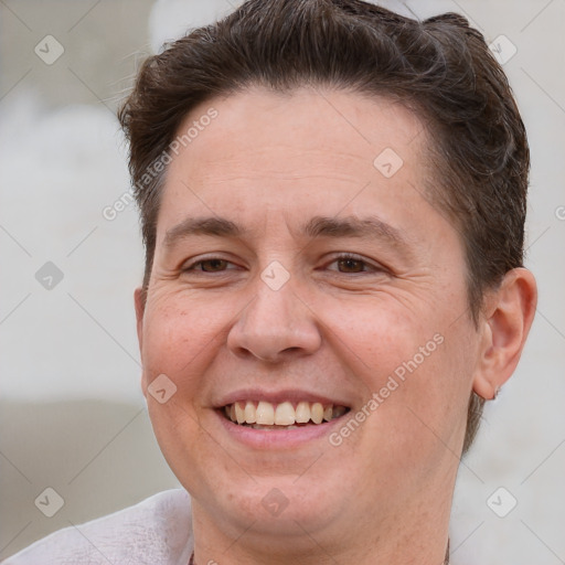 Joyful white adult female with short  brown hair and brown eyes