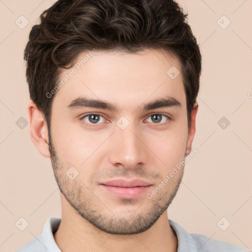 Neutral white young-adult male with short  brown hair and brown eyes