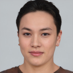 Neutral asian young-adult female with short  black hair and brown eyes