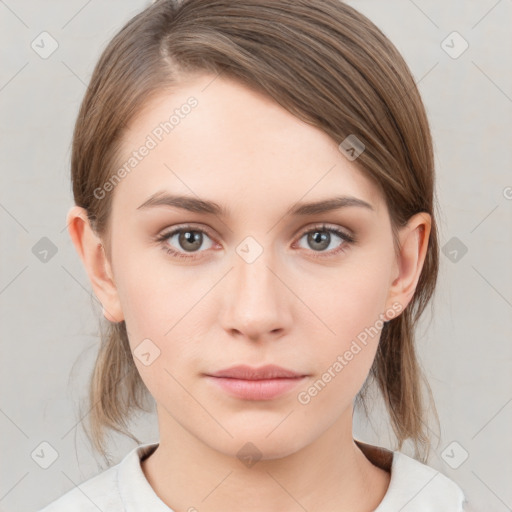 Neutral white young-adult female with medium  brown hair and grey eyes