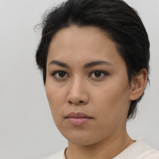 Neutral asian young-adult female with short  brown hair and brown eyes