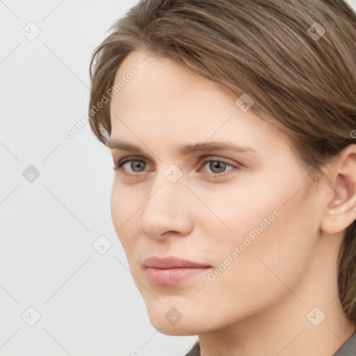 Neutral white young-adult female with medium  brown hair and grey eyes