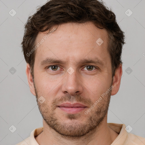 Neutral white young-adult male with short  brown hair and brown eyes