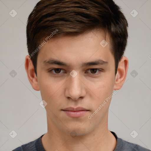 Neutral white young-adult male with short  brown hair and brown eyes