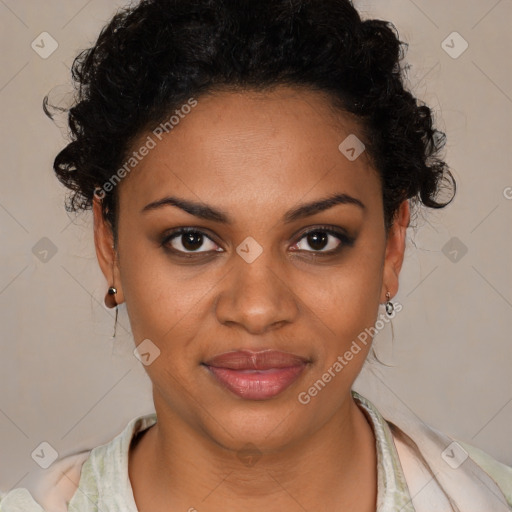 Joyful black young-adult female with medium  black hair and brown eyes