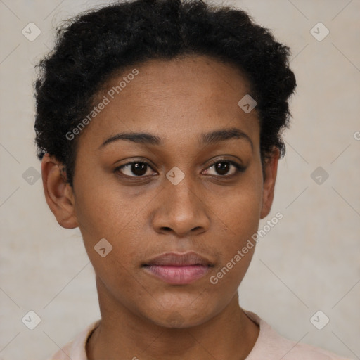 Neutral black young-adult female with short  black hair and brown eyes