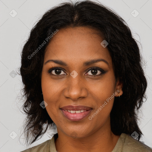 Joyful black young-adult female with medium  brown hair and brown eyes