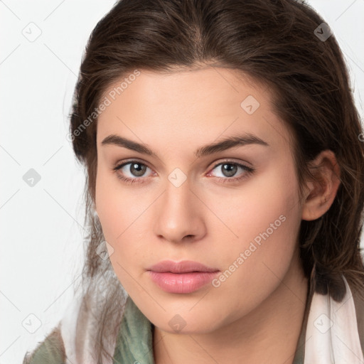 Neutral white young-adult female with medium  brown hair and brown eyes