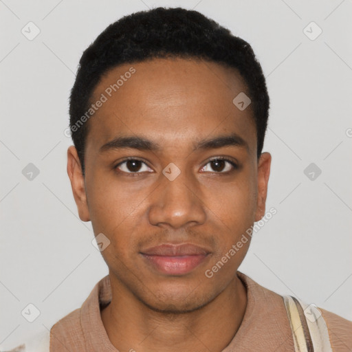 Neutral black young-adult male with short  black hair and brown eyes