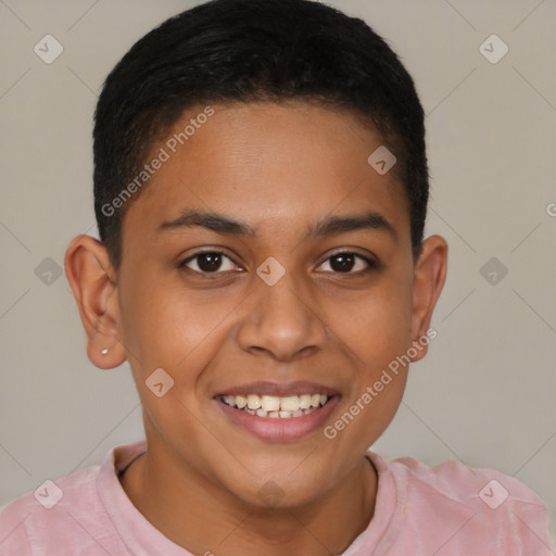 Joyful latino young-adult female with short  brown hair and brown eyes