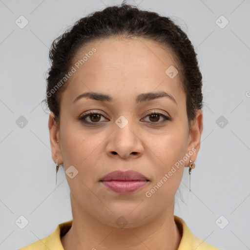 Joyful latino young-adult female with short  brown hair and brown eyes