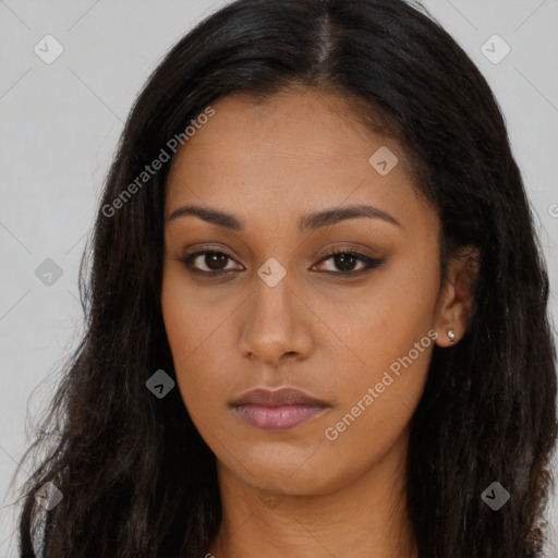 Neutral asian young-adult female with long  brown hair and brown eyes