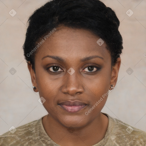 Neutral black young-adult female with short  black hair and brown eyes