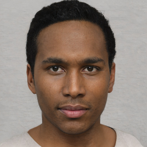 Neutral black young-adult male with short  black hair and brown eyes