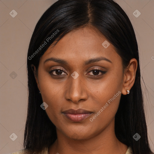 Joyful asian young-adult female with long  brown hair and brown eyes
