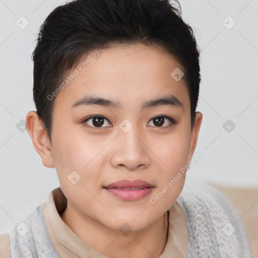 Joyful asian young-adult female with short  brown hair and brown eyes