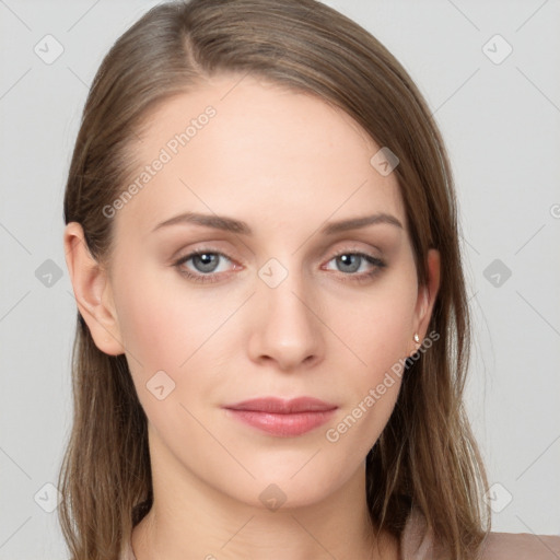 Neutral white young-adult female with long  brown hair and grey eyes