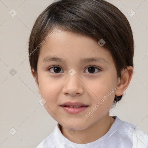 Joyful white child female with short  brown hair and brown eyes