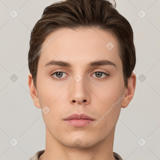 Neutral white young-adult male with short  brown hair and brown eyes