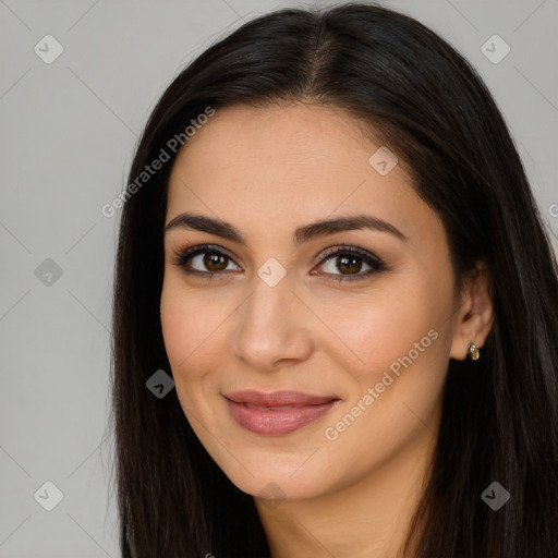 Joyful latino young-adult female with long  brown hair and brown eyes