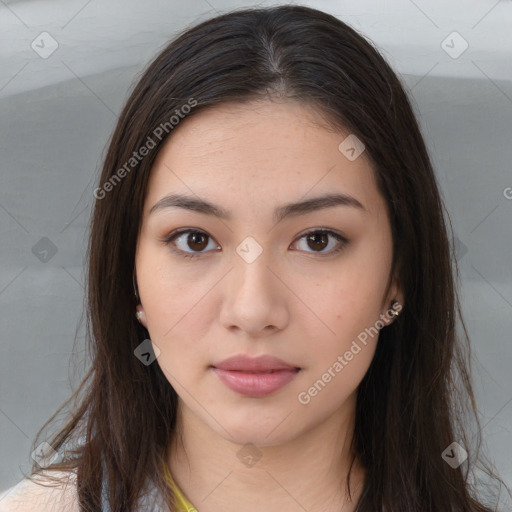 Neutral white young-adult female with long  brown hair and brown eyes