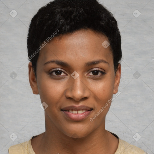 Joyful black young-adult female with short  black hair and brown eyes