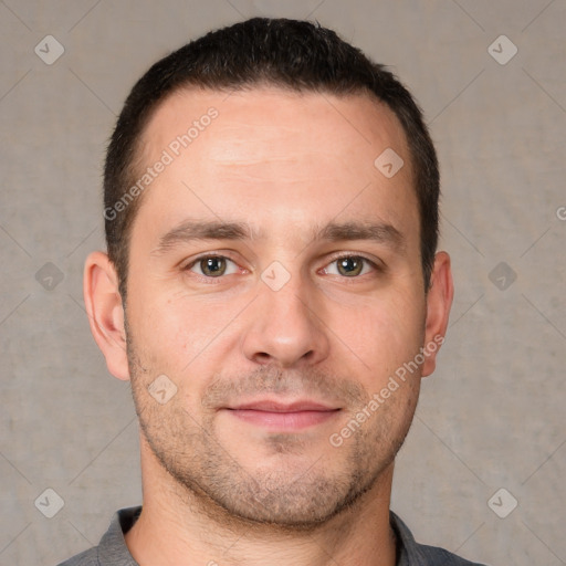 Neutral white young-adult male with short  brown hair and brown eyes