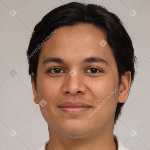 Joyful latino young-adult female with short  brown hair and brown eyes